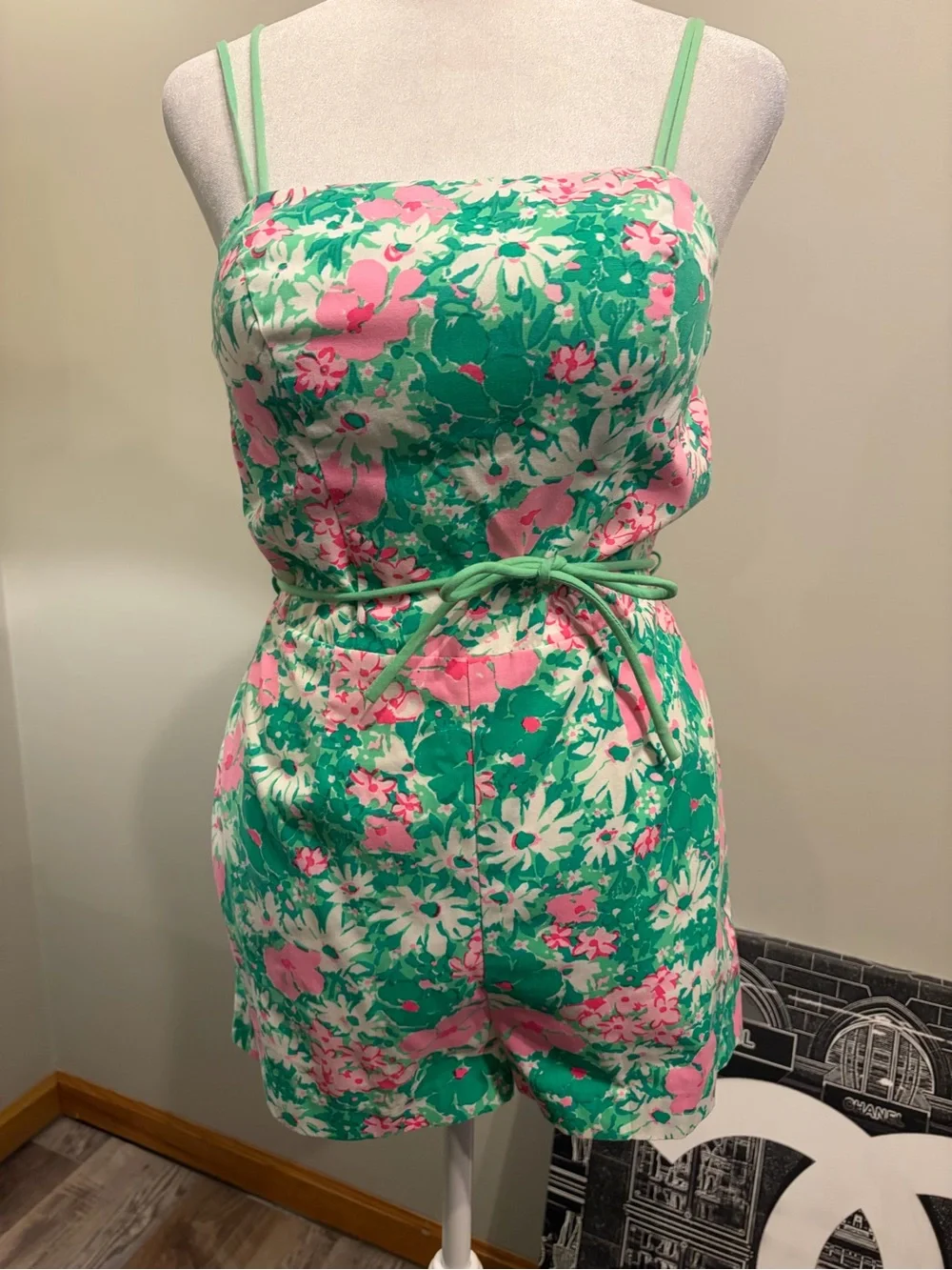 Floral Green & Pink Tie-Waist Romper - Picture 3 of 13